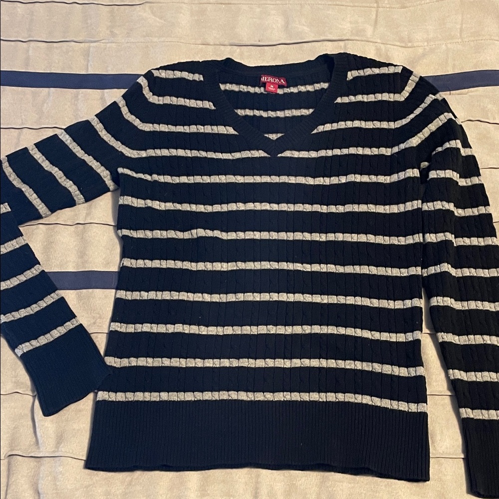 Merona Black and Gray Striped V-Neck Sweater